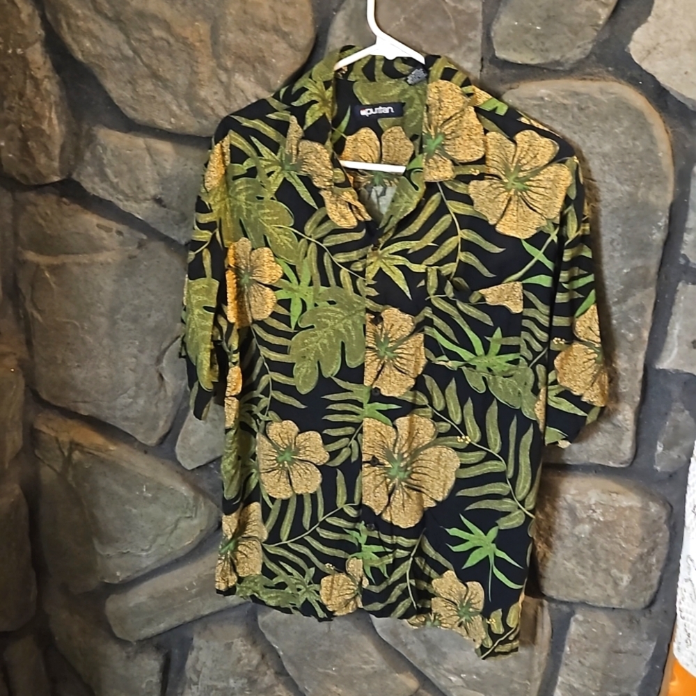 Puritan Green Floral Leaf Causal Button up